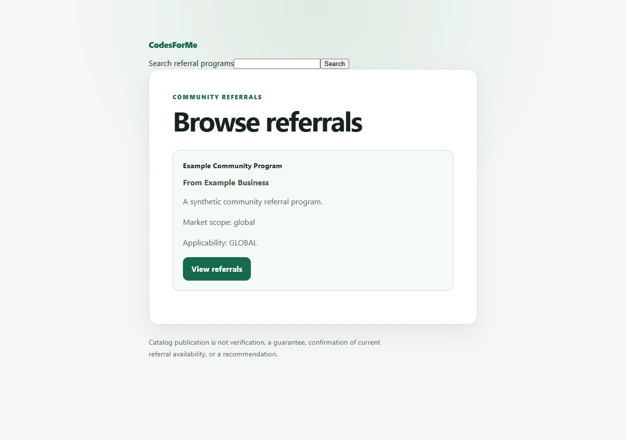 CodesForMe development directory with search and one synthetic Example Community Program listing.