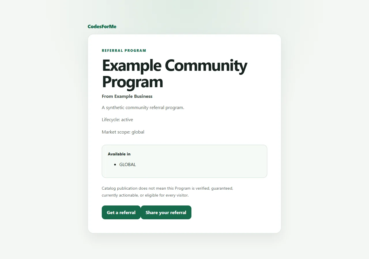 CodesForMe development program overview for the synthetic Example Community Program, with scope information and a Get a referral action.