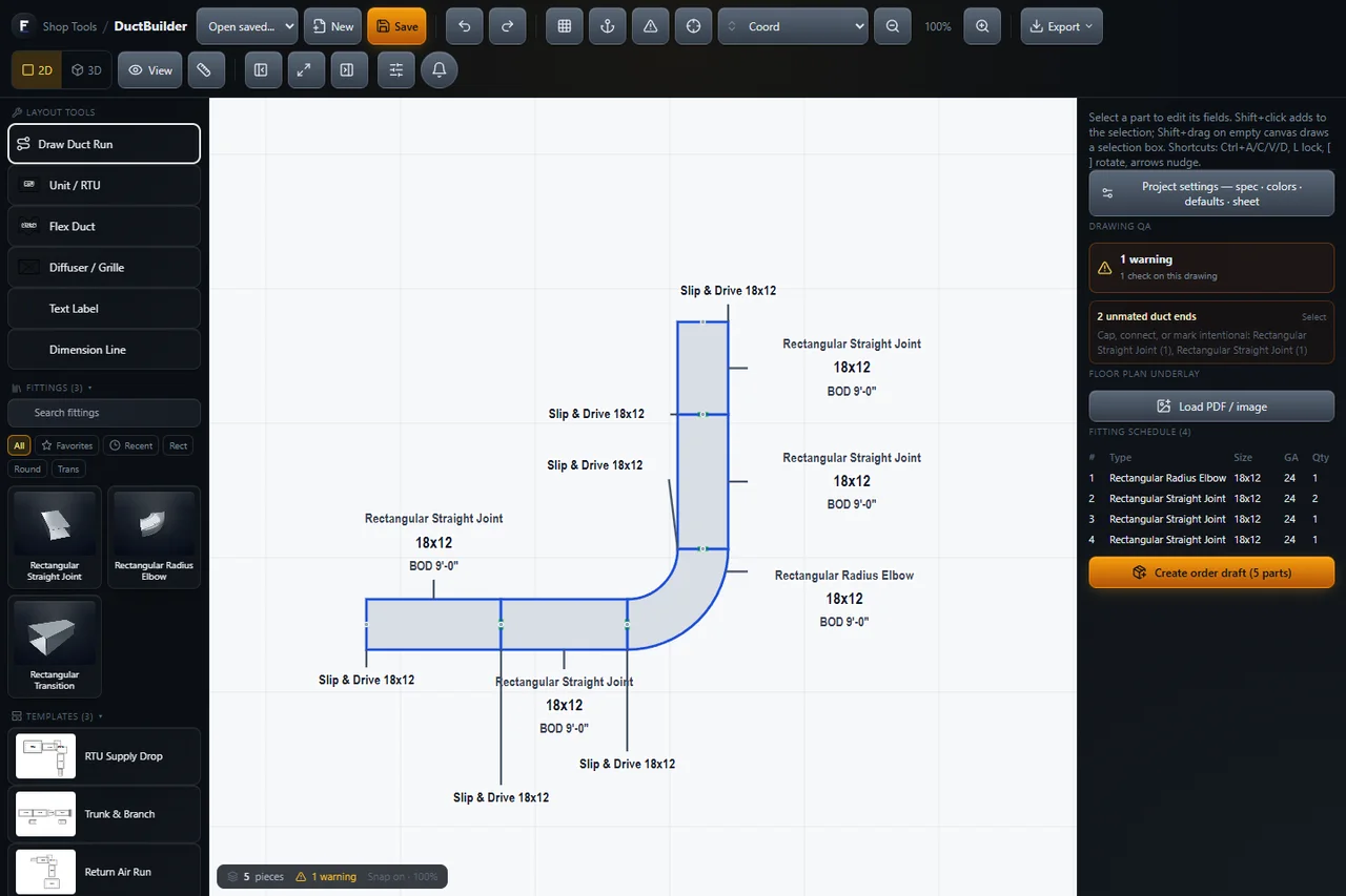DuctBuilder 2D plan of a synthetic 18-by-12-inch duct run: four straight sections and a radius elbow, with joint labels and a fitting schedule.