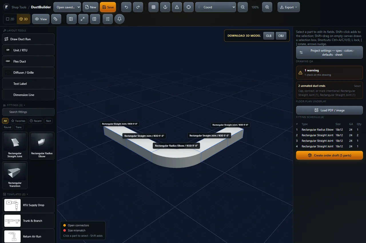 DuctBuilder 3D view of the same synthetic five-piece duct run, showing four straight sections connected by a radius elbow.